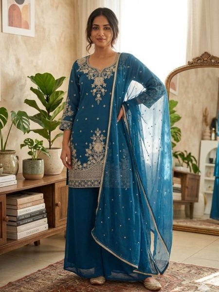 Fest Aura Roman silk fabric top intricate embroidery and shimmering sequence work With  palazzo And Dupatta  Ready To Wear Suit