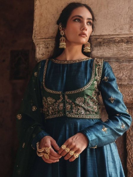 Festival Designer Blue Gown with Zari Embroidery and Organza Dupatta Ready To Wear Suit