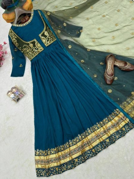 Festival Designer Blue Gown with Zari Embroidery and Organza Dupatta Ready To Wear Collection
