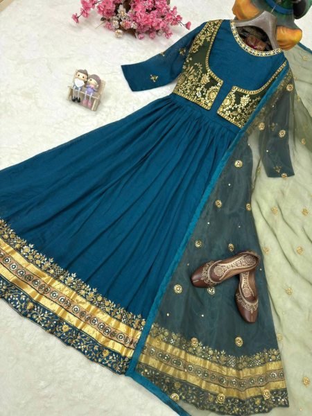 Festival Designer Blue Gown with Zari Embroidery and Organza Dupatta Ready To Wear Collection