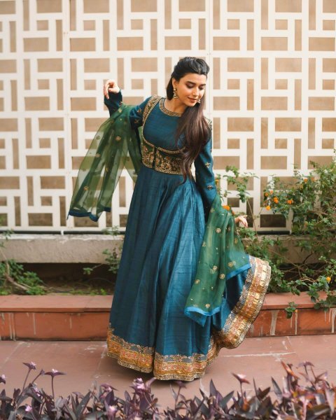 Festival Designer Blue Gown with Zari Embroidery and Organza Dupatta Ready To Wear Collection