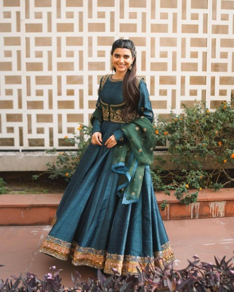 Festival Designer Blue Gown with Zari Embroidery and Organza Dupatta Ready To Wear Collection