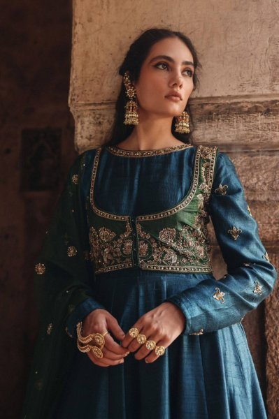 Festival Designer Blue Gown with Zari Embroidery and Organza Dupatta Ready To Wear Collection