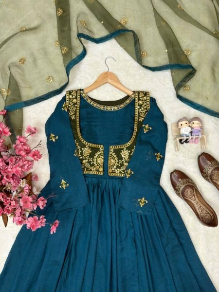 Festival Designer Blue Gown with Zari Embroidery and Organza Dupatta Ready To Wear Collection