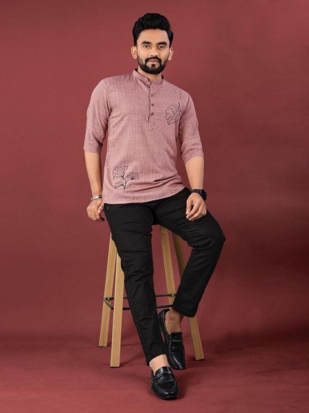 Dusty Pink Jute Cotton Short Kurta Printed Design with Mandarin Collar Mens Wear