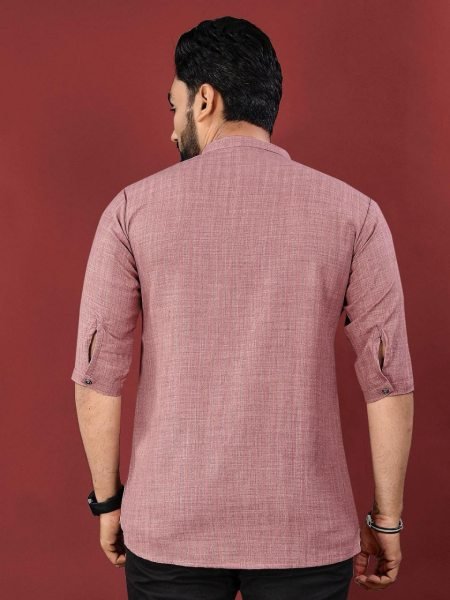 Dusty Pink Jute Cotton Short Kurta Printed Design with Mandarin Collar Mens Short Kurta