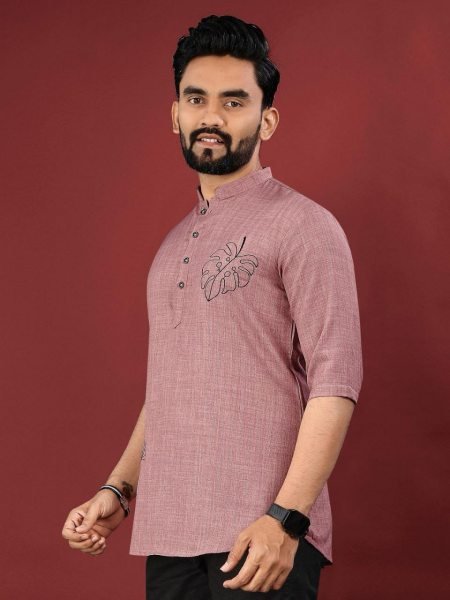 Dusty Pink Jute Cotton Short Kurta Printed Design with Mandarin Collar Mens Short Kurta