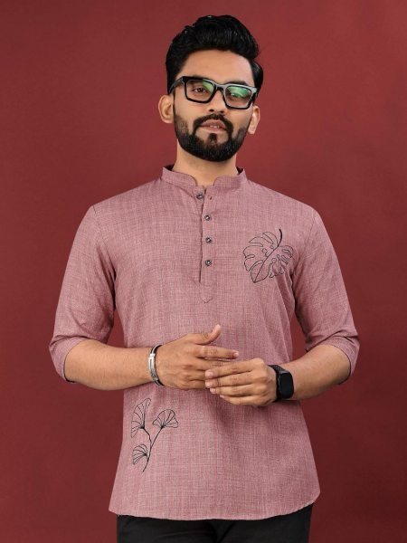 Dusty Pink Jute Cotton Short Kurta Printed Design with Mandarin Collar Mens Short Kurta