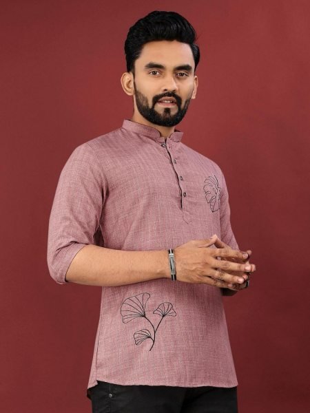 Dusty Pink Jute Cotton Short Kurta Printed Design with Mandarin Collar Mens Short Kurta