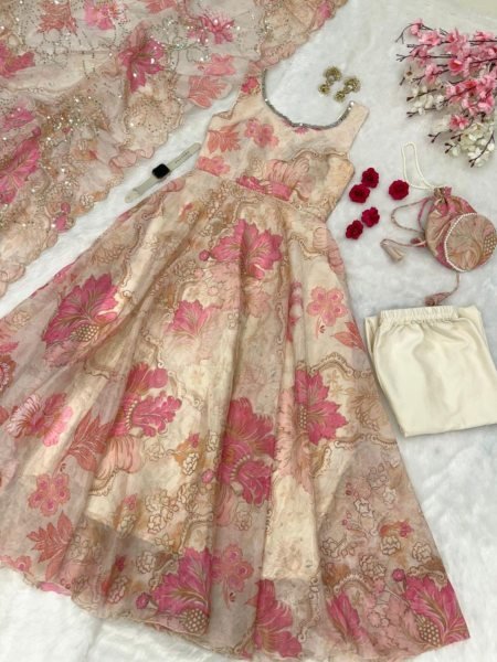 Festival Ready Cream Digital Print Organza Anarkali Suit for Import-Export Buyers  Kurtis