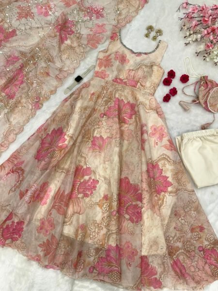 Festival Ready Cream Digital Print Organza Anarkali Suit for Import-Export Buyers  Anarkali Kurtis 