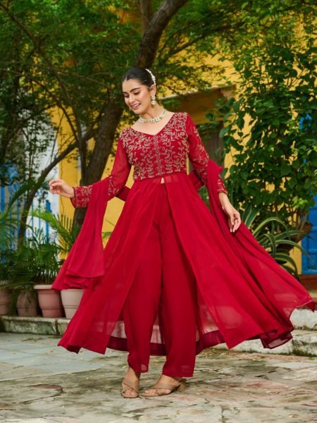 Festival-ready Maroon  Faux Blooming Multithread Beads Embroidery Suit Set with V Neck Design   Dupatta  at Manufacturer Rate Anarkali Kurtis 