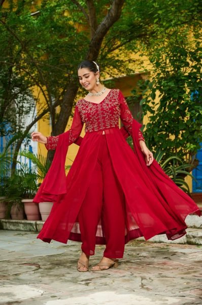 Festival-ready Maroon  Faux Blooming Multithread Beads Embroidery Suit Set with V Neck Design   Dupatta  at Manufacturer Rate Anarkali Kurtis 