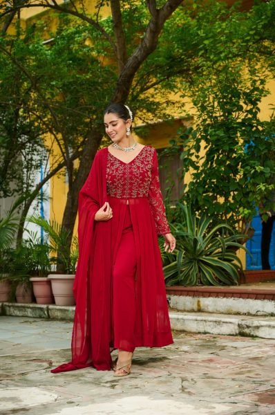 Festival-ready Maroon  Faux Blooming Multithread Beads Embroidery Suit Set with V Neck Design   Dupatta  at Manufacturer Rate Anarkali Kurtis 