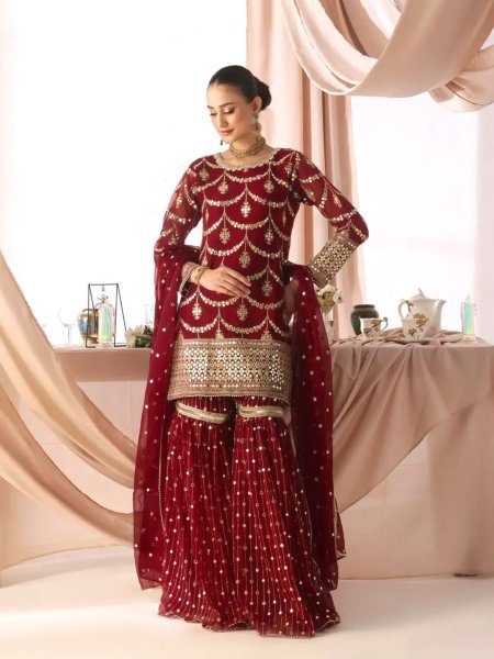 Festival ready Red Embroidered Sharara Suit with 5mm Sequin Work for Ethnic Wear