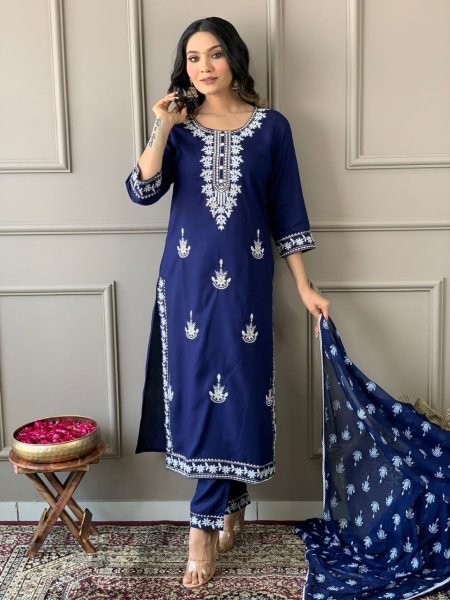Festival Special Heavy Embroidery Lace Work Kurti Pant With Dupatta 3 Piece Kurti Set