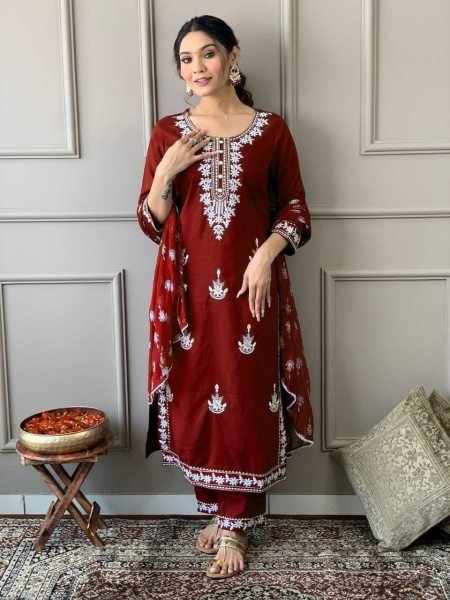 Festival Special Heavy Embroidery Lace Work Kurti Pant With Dupatta 3 Piece Kurti Set