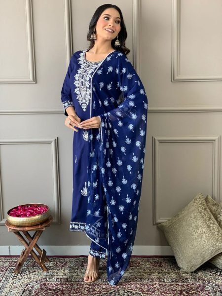 Festival Special Heavy Embroidery Lace Work Kurti Pant With Dupatta 3 Piece Kurti Set