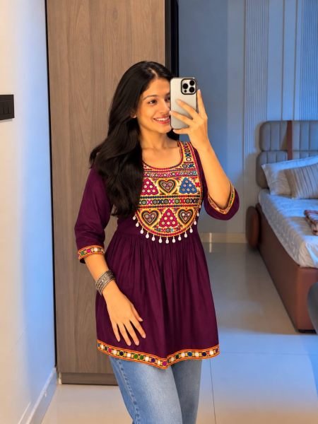 Festival Special Wine Heavy Rayon Gamthi Mirror Work Short Top