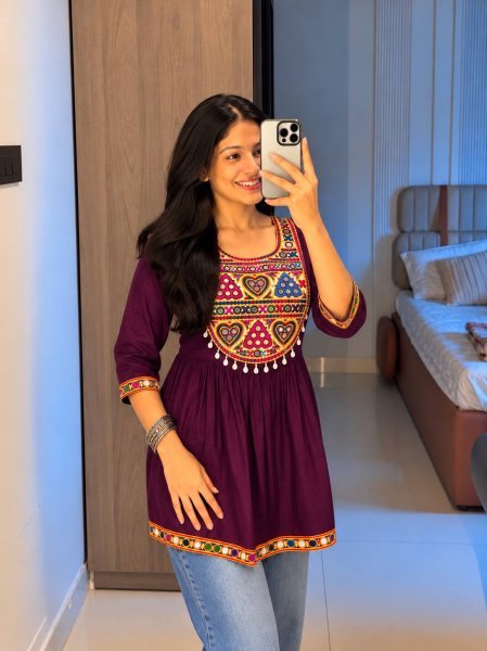 Festival Special Wine Heavy Rayon Gamthi Mirror Work Short Top Tunics kurti