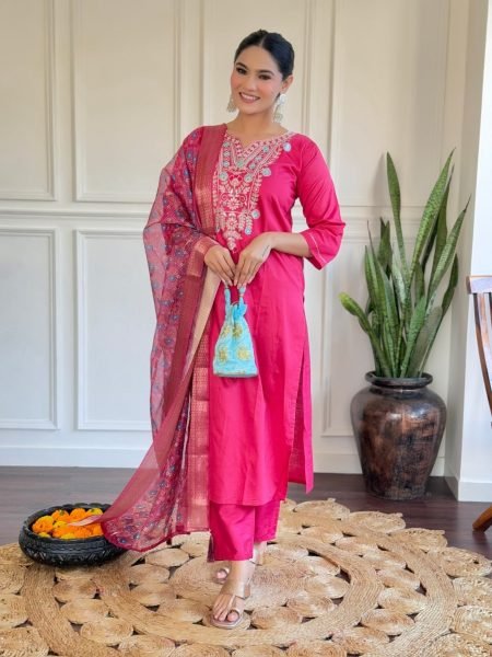 Festival Wear Kurti set with Heavy Embroidery work and Organza Dupatta 3 Piece Kurti Set