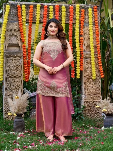 Festival Wear Mauve Blush Fendy Satin Embroidered Suit Set with Premium Satin Dupatta Kurtis