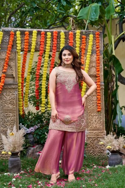 Festival Wear Mauve Blush Fendy Satin Embroidered Suit Set with Premium Satin Dupatta 3 Piece Kurti Set