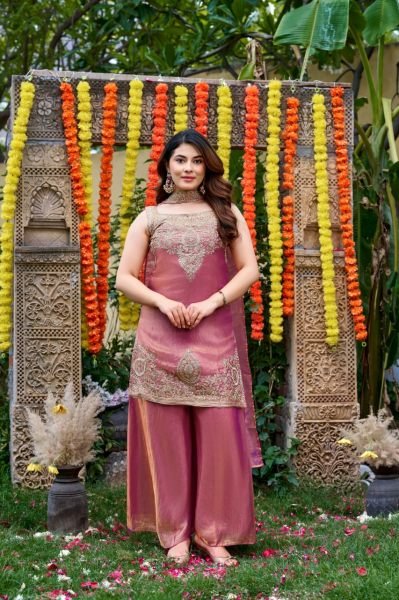 Festival Wear Mauve Blush Fendy Satin Embroidered Suit Set with Premium Satin Dupatta 3 Piece Kurti Set