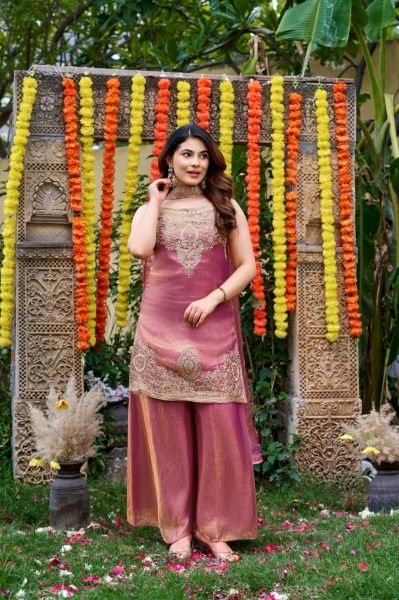 Festival Wear Mauve Blush Fendy Satin Embroidered Suit Set with Premium Satin Dupatta 3 Piece Kurti Set