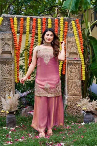 Festival Wear Mauve Blush Fendy Satin Embroidered Suit Set with Premium Satin Dupatta 3 Piece Kurti Set
