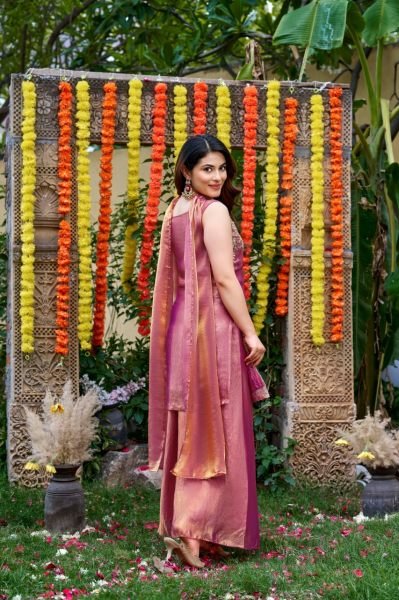 Festival Wear Mauve Blush Fendy Satin Embroidered Suit Set with Premium Satin Dupatta 3 Piece Kurti Set