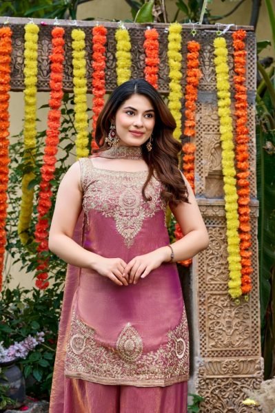 Festival Wear Mauve Blush Fendy Satin Embroidered Suit Set with Premium Satin Dupatta 3 Piece Kurti Set