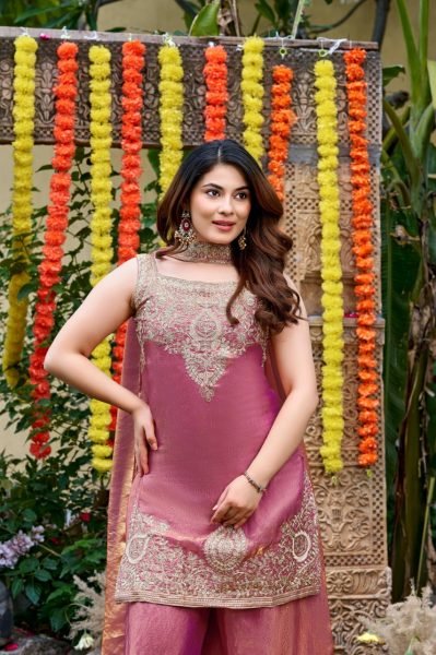 Festival Wear Mauve Blush Fendy Satin Embroidered Suit Set with Premium Satin Dupatta 3 Piece Kurti Set