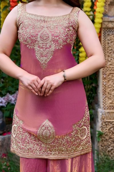 Festival Wear Mauve Blush Fendy Satin Embroidered Suit Set with Premium Satin Dupatta 3 Piece Kurti Set