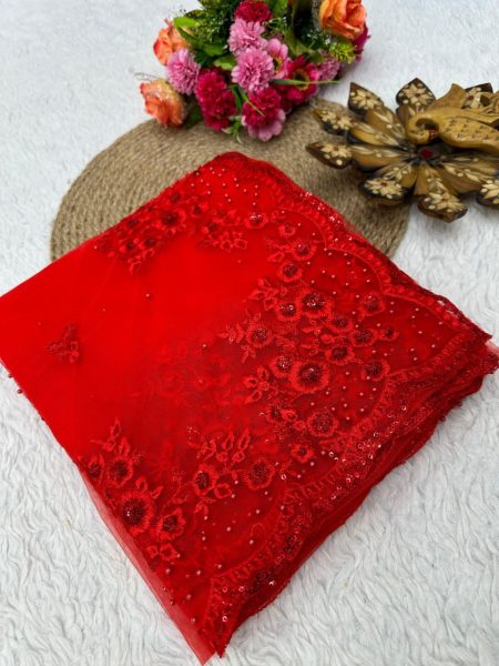 Festival Wear Red Net Saree With Sequence Pearl Work  Net Sarees Wholesale