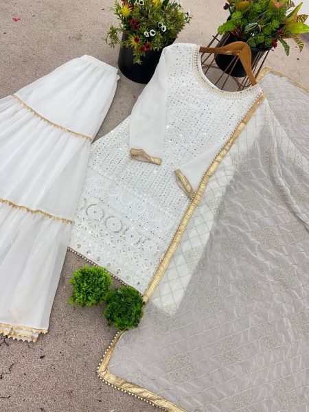 Festive and Party Wear Faux Georgette Embroidered Sharara Plazo Suit with Stylish Full Sleeves and Lace Detailing Ready To Wear Collection