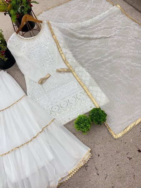 Festive and Party Wear Faux Georgette Embroidered Sharara Plazo Suit with Stylish Full Sleeves and Lace Detailing Ready To Wear Collection