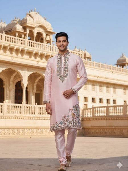 Festive Baby Pink Men's Soft Silk Kurta with Embroidered Neck and Polo Pant 