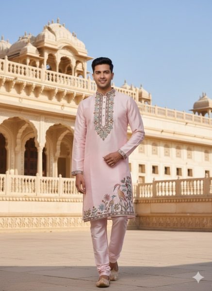 Festive Baby Pink Men's Soft Silk Kurta with Embroidered Neck and Polo Pant Kurta Pajama Wholesale
