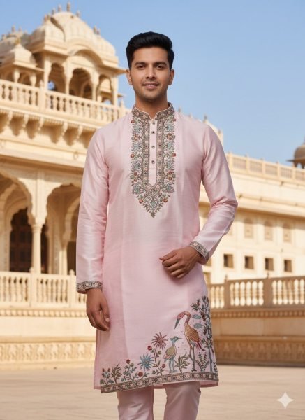 Festive Baby Pink Men's Soft Silk Kurta with Embroidered Neck and Polo Pant Kurta Pajama Wholesale