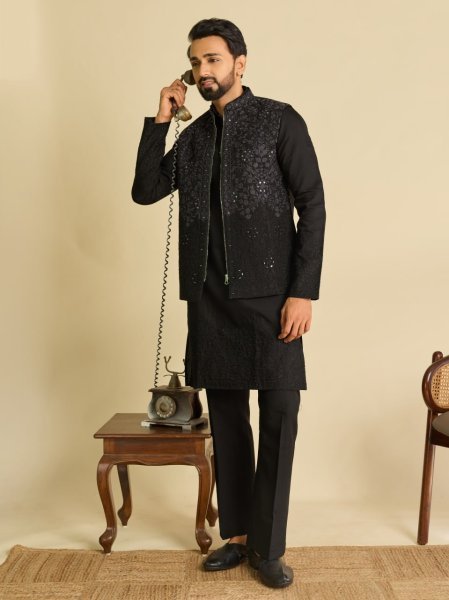 Festive Black Art Silk Koti Kurta Bottom Set with Real Mirror and Multi Thread Embroidery Kurta Pajama Wholesale