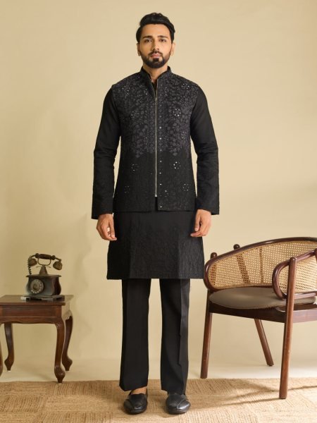 Festive Black Art Silk Koti Kurta Bottom Set with Real Mirror and Multi Thread Embroidery Kurta Pajama Wholesale