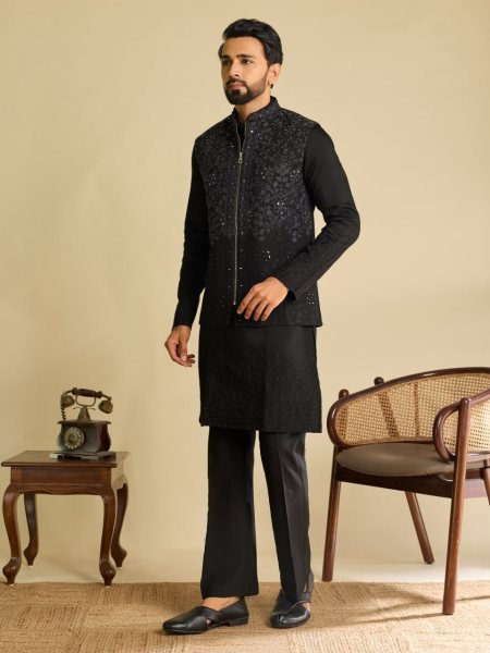 Festive Black Art Silk Koti Kurta Bottom Set with Real Mirror and Multi Thread Embroidery Kurta Pajama Wholesale