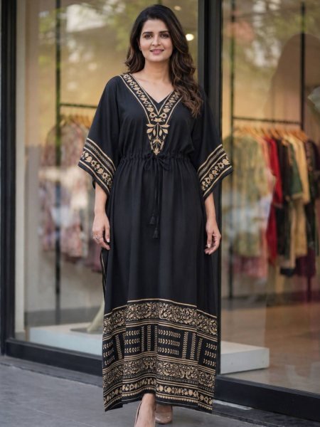 Festive Black Designer Long Kaftan in Heavy French Crepe For Daily Wear Kaftan 