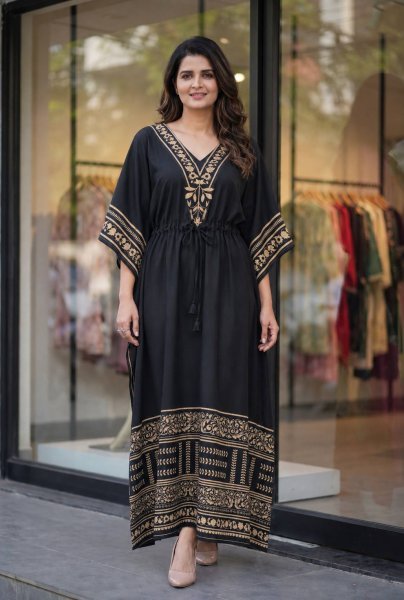 Festive Black Designer Long Kaftan in Heavy French Crepe For Daily Wear Kaftan 