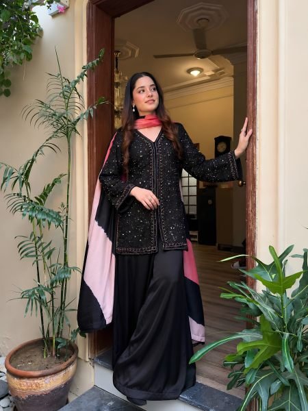 Festive Black French Crap Kurti Plazo Dupatta Set with Heavy Sequin Work Ready To Wear Suit