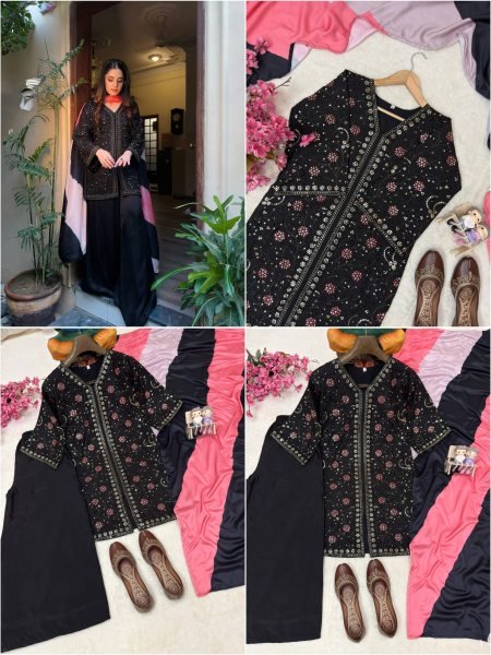 Festive Black French Crap Kurti Plazo Dupatta Set with Heavy Sequin Work Ready To Wear Collection