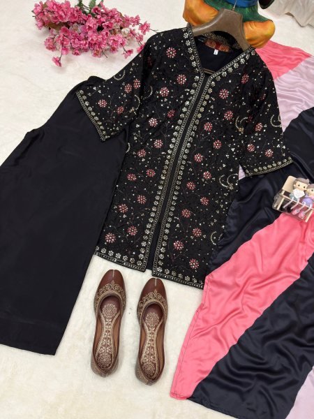 Festive Black French Crap Kurti Plazo Dupatta Set with Heavy Sequin Work Ready To Wear Collection