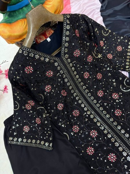 Festive Black French Crap Kurti Plazo Dupatta Set with Heavy Sequin Work Ready To Wear Collection