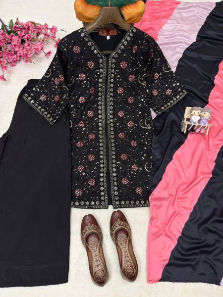 Festive Black French Crap Kurti Plazo Dupatta Set with Heavy Sequin Work Ready To Wear Collection